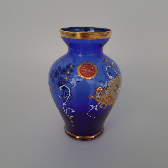 Vintage Murano Hand-Painted Cobalt Blue Glass Vase With Gold Accents & Floral De - Picture 1 of 12